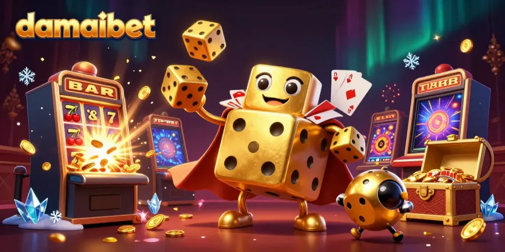 Damaibet's engaging casino scene with golden dice, vibrant slot machine, and rich casino elements