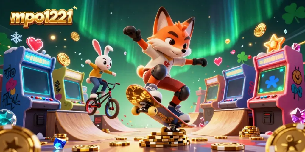 Join the fun with mpo1221 featuring a skateboarder fox and BMX rabbit in a vibrant casino-themed scene.
