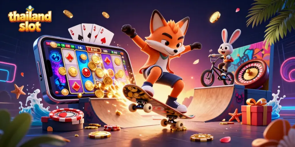 Experience the excitement of thailand slots with a dynamic 3D illustration showcasing vibrant characters and casino elements.