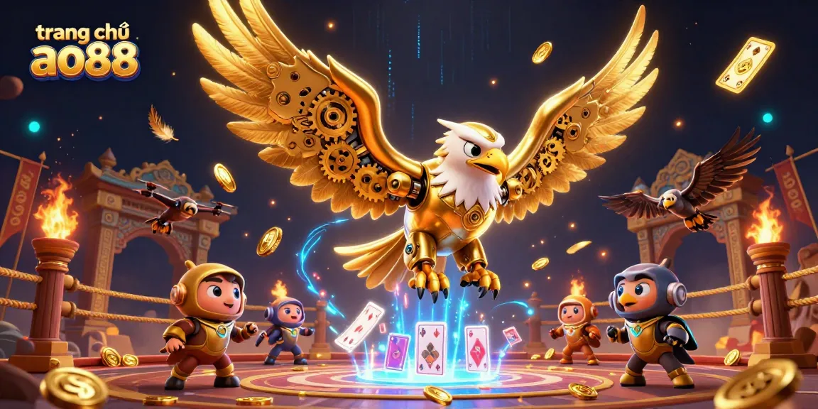 Experience the excitement of trang chủ ao88 with a cybernetic eagle diving through holographic cards amid a vibrant casino atmosphere.
