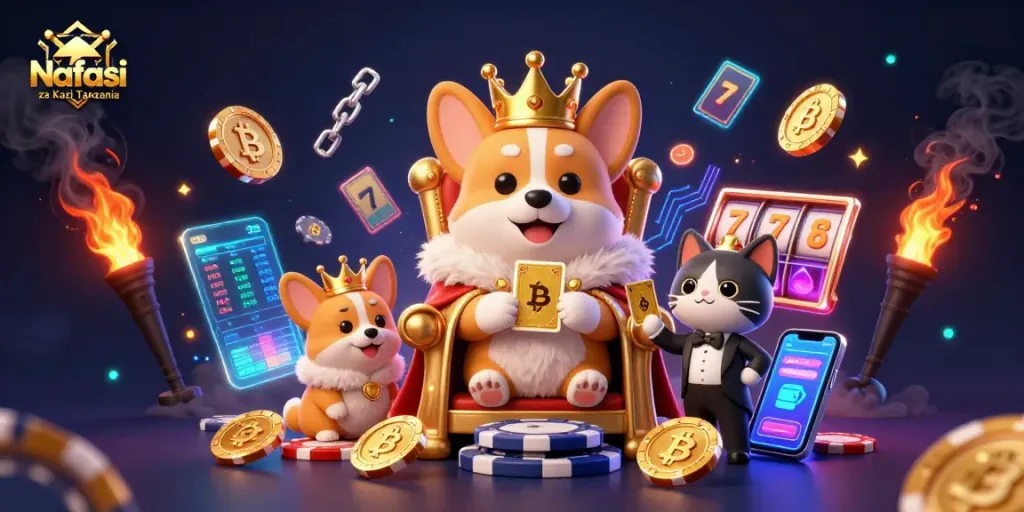 Nafasi za Kazi Tanzania showcases a royal corgi on a throne surrounded by dazzling casino elements.