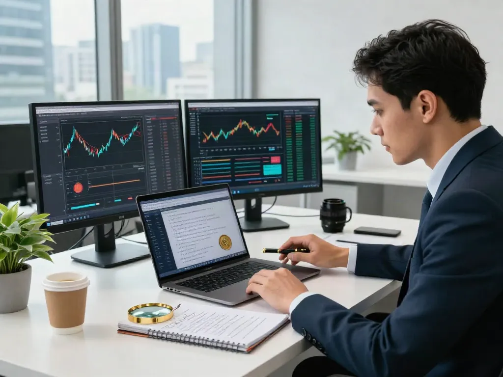Professional conducting a crypto fraud investigation in a modern office.