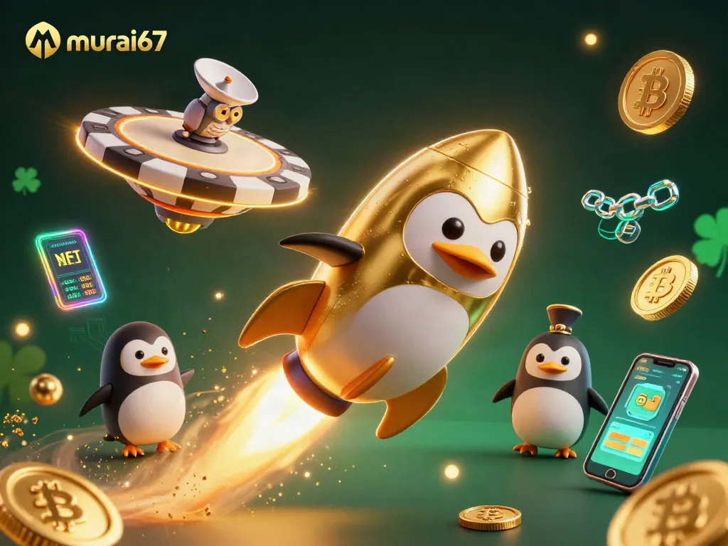 Experience thrilling gaming with murai67 as a golden penguin soars towards a casino in a vibrant universe.
