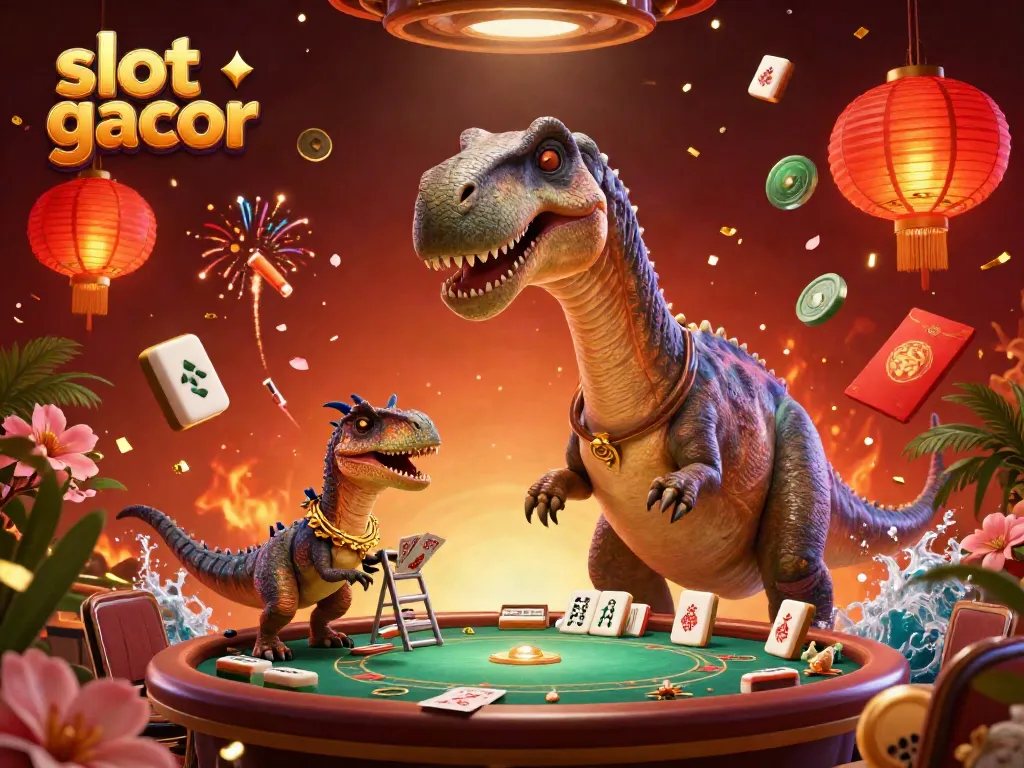 Experience slot gacor excitement as a brontosaurus oversees a vibrant casino scene filled with dynamic gaming elements.