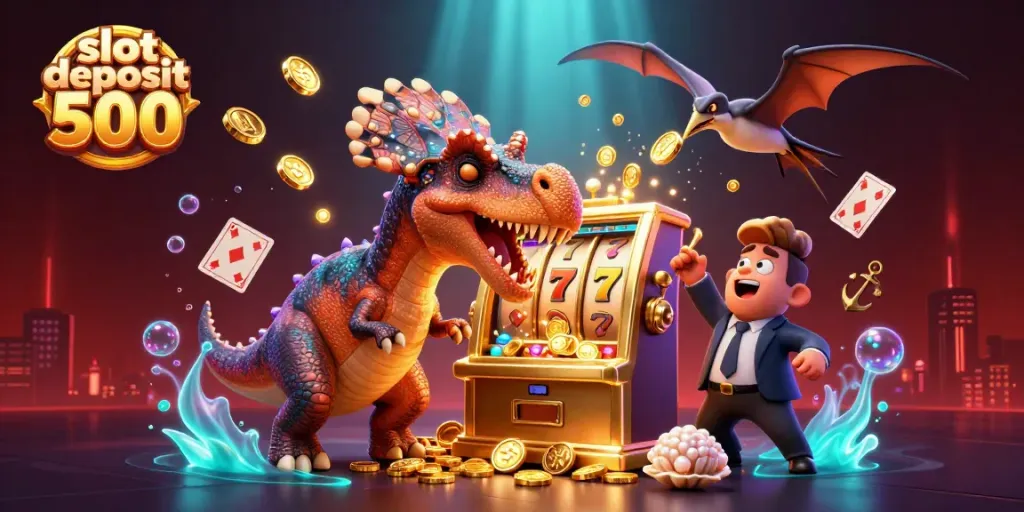 Experience thrilling wins with slot deposit 500 as a pachycephalosaurus engages a slots machine in this vibrant casino scene.