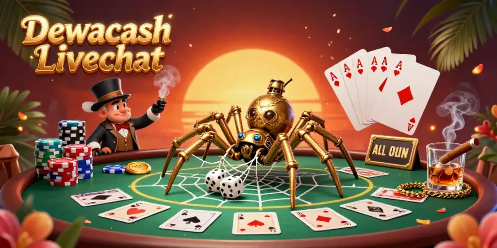 Dewacash Livechat illustrates a whimsical 3D steampunk spider and charming fly, embodying a casino atmosphere.