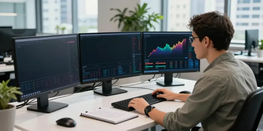 Cryptocurrency trading scene at a desk with multiple screens showing market data at https://piteas.trade