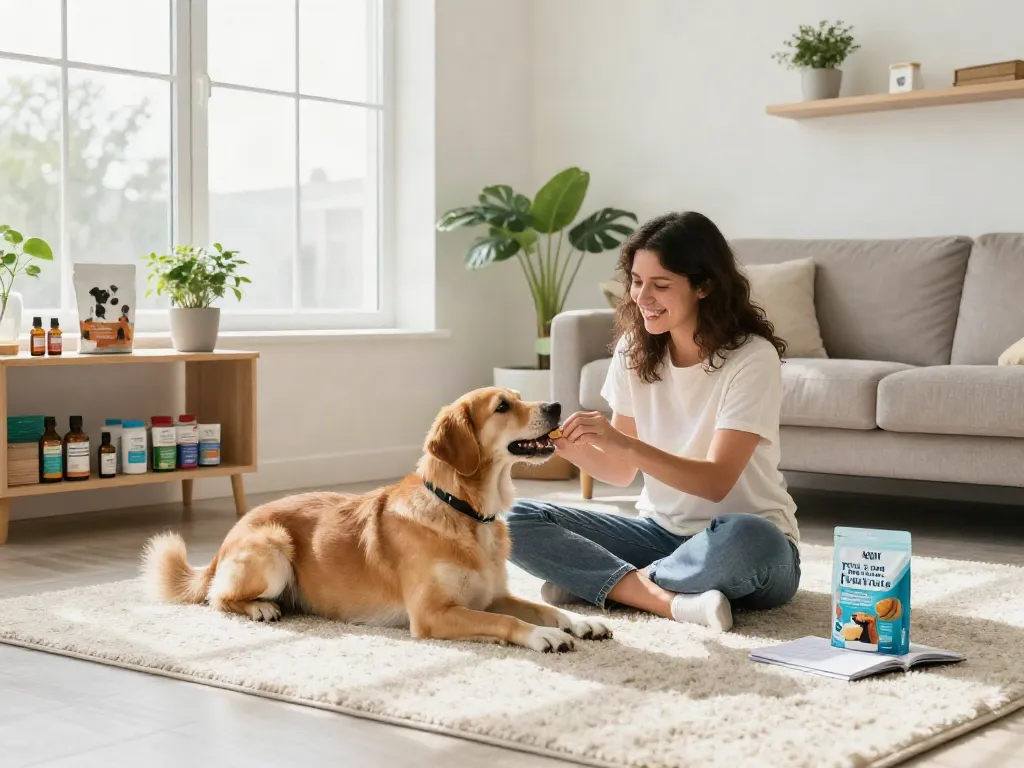 Calming Dog Treats for dog wellness in a serene environment, featuring CBD oil and natural elements.