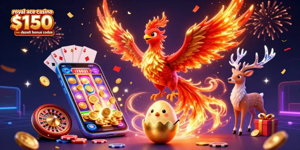 Engage with royal ace casino $150 no deposit bonus codes in a vibrant 3D casino scene.