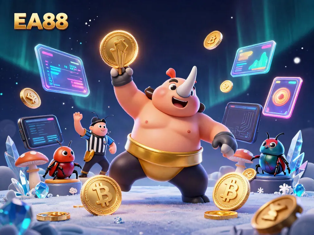 Experience the excitement of EA88 with a dynamic 3D casino scene featuring a beetle sumo champion.
