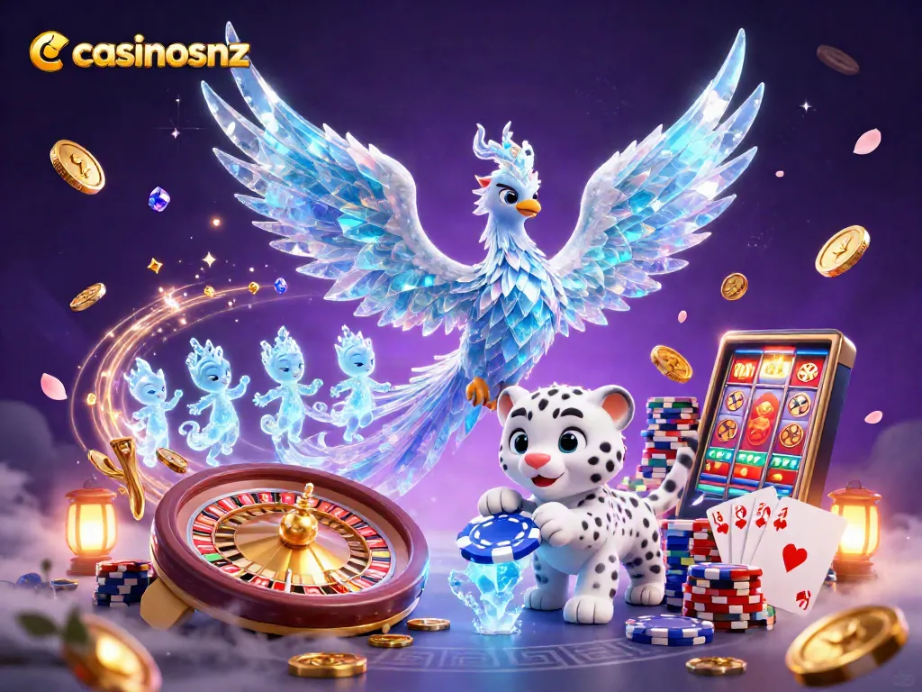Experience the magic of casinosnz with a vibrant scene of a phoenix, ice sprites, and poker action.