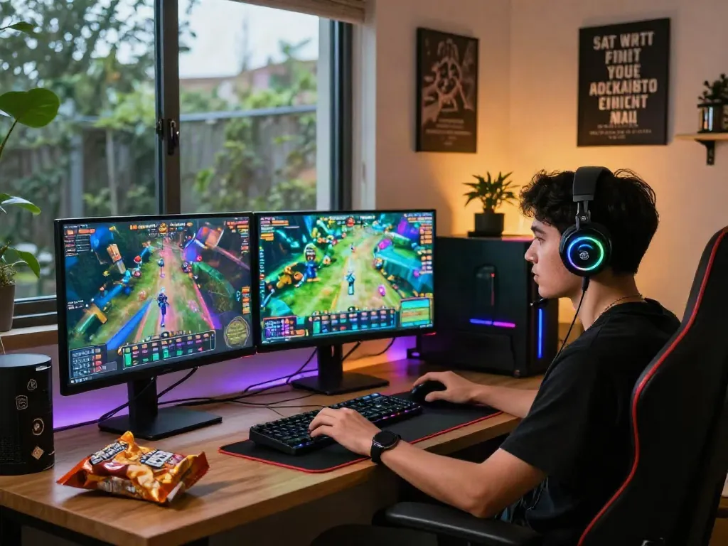 Pengguna kanjengslot bermain game online di ruang kerja modern dengan banyak monitor.