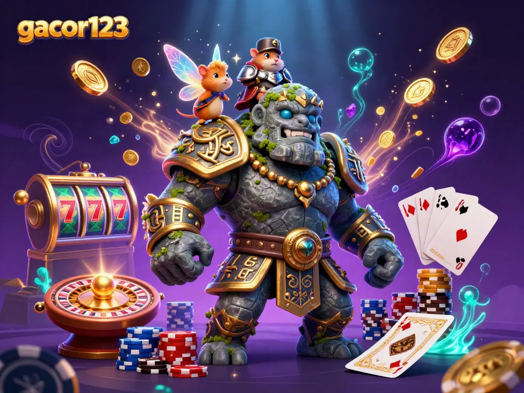 Experience the thrill of gacor123 as the magical golem guardian, fairy, and hamster knight celebrate wins with dynamic casino elements.