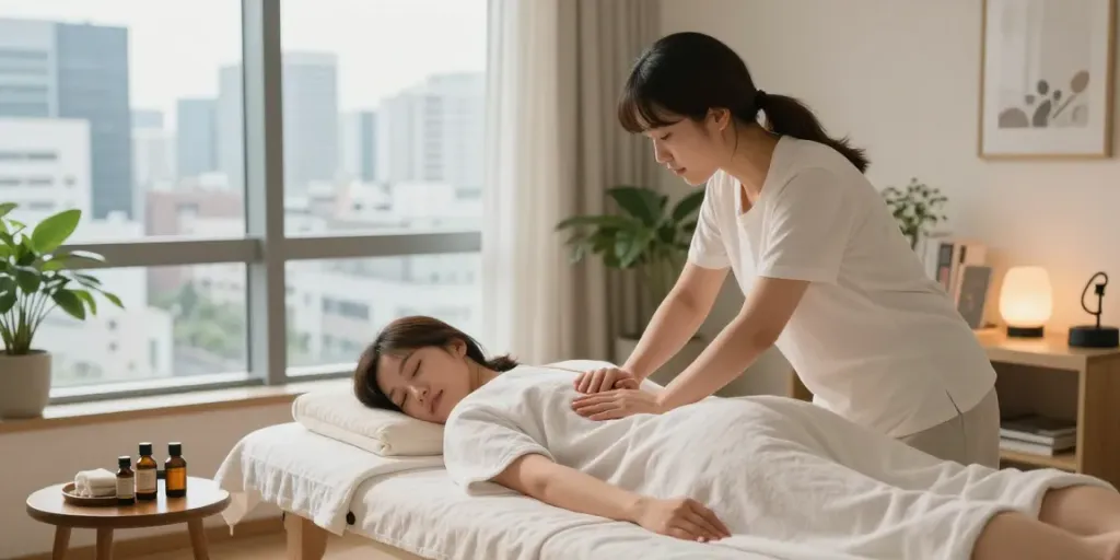 Professional 강남출장안마 massage session in a cozy urban apartment.