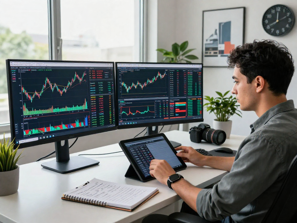 Trader analyzing real-time TradingView charts with multiple screens in a modern workspace.