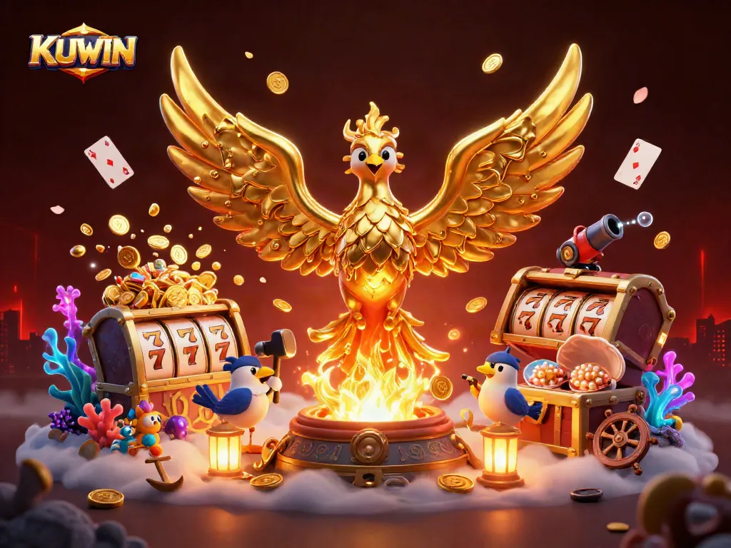 Experience thrilling wins with KUWIN's golden phoenix, surrounded by slots and treasures.