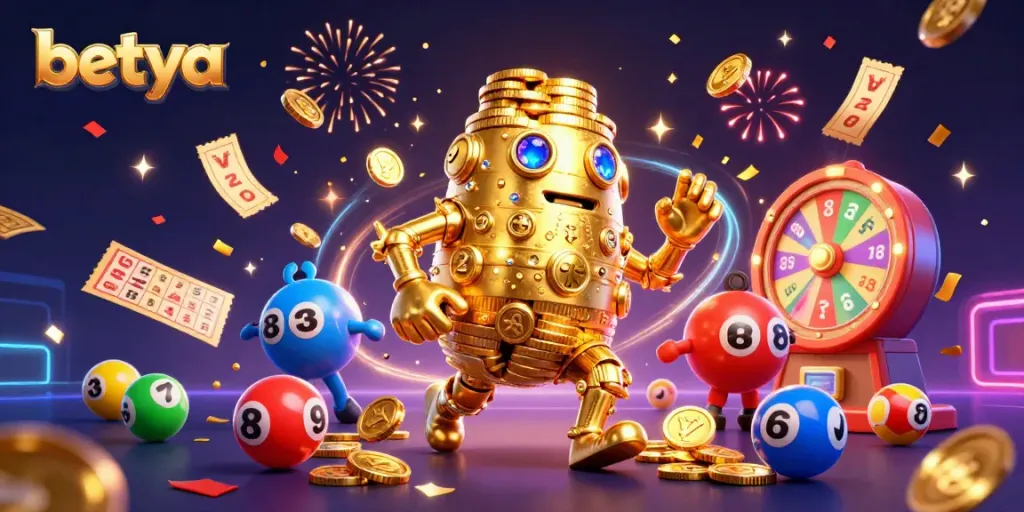 Engage with the excitement of betya with vibrant lottery elements and a golden golem casino character.