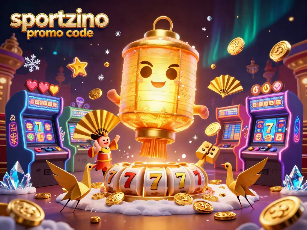 Engage with the sportzino promo code while exploring a vibrant casino scene filled with lucky symbols and golden delights.