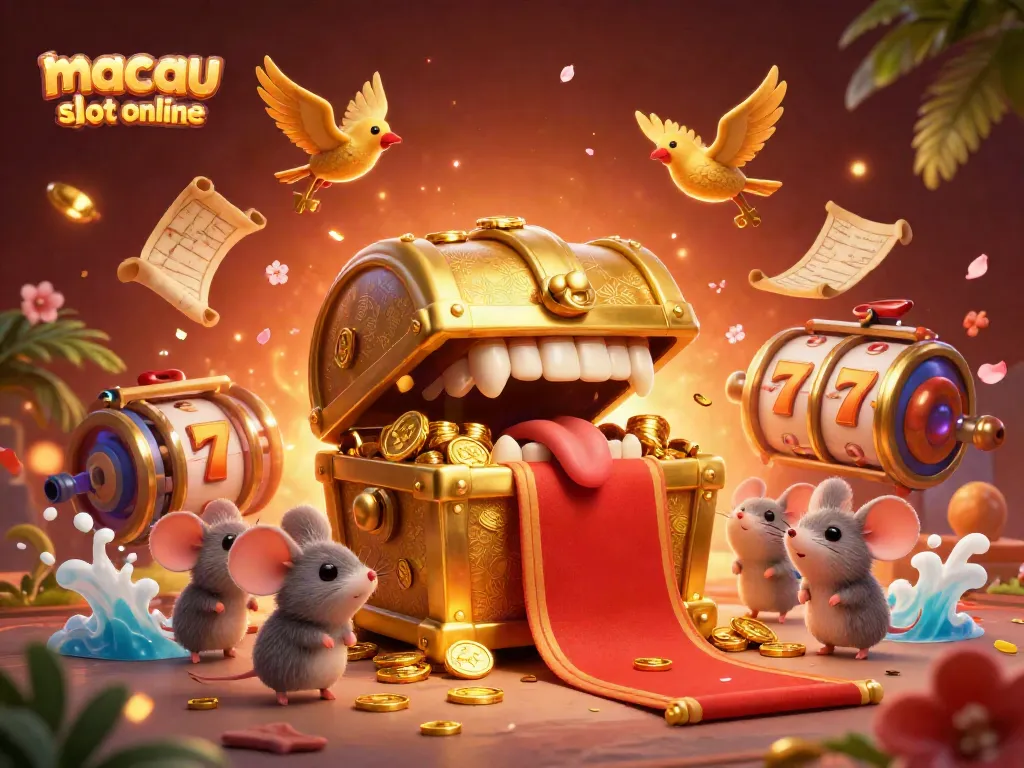 Menangkan hadiah besar dengan permainan slot macau online yang menggiurkan, ditampilkan dalam ilustrasi 3D yang menarik.