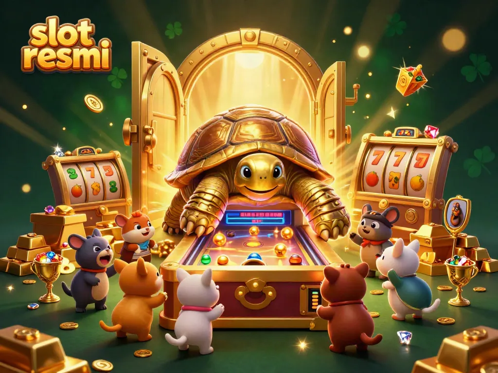 Excited small animals playing on a colossal golden tortoise pinball machine in a vibrant casino scene featuring slot resmi.