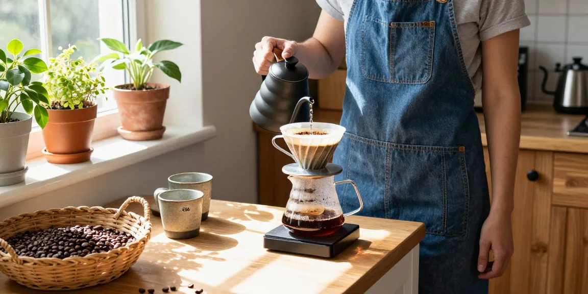 Pour-over coffee preparation with Ebb filters showcasing www.ebbfilter.com reusable denim aprons.