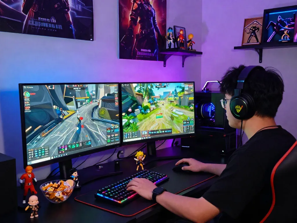 Intense gaming session showcasing QQMacan platform with vibrant setup and engaged player.