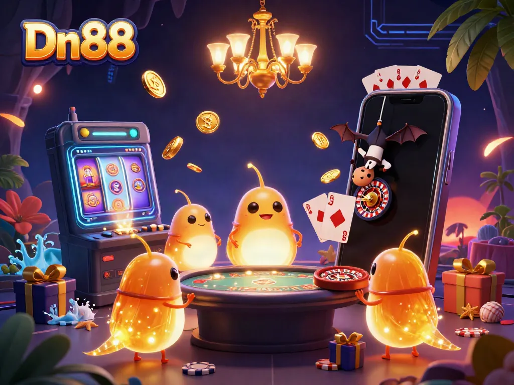 Experience the thrilling Dn88 casino atmosphere with glowing characters and exciting game elements.