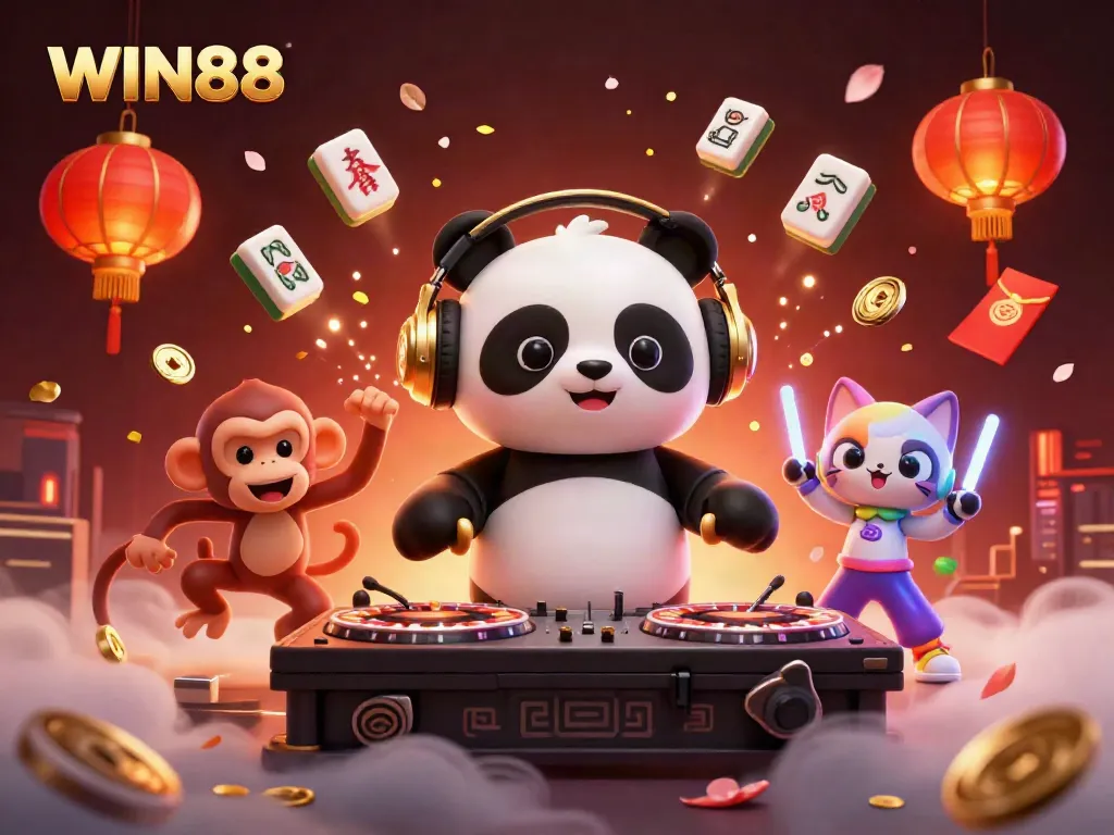 Experience the excitement of the WIN88 casino with a vibrant 3D illustration of playful characters and festive elements.