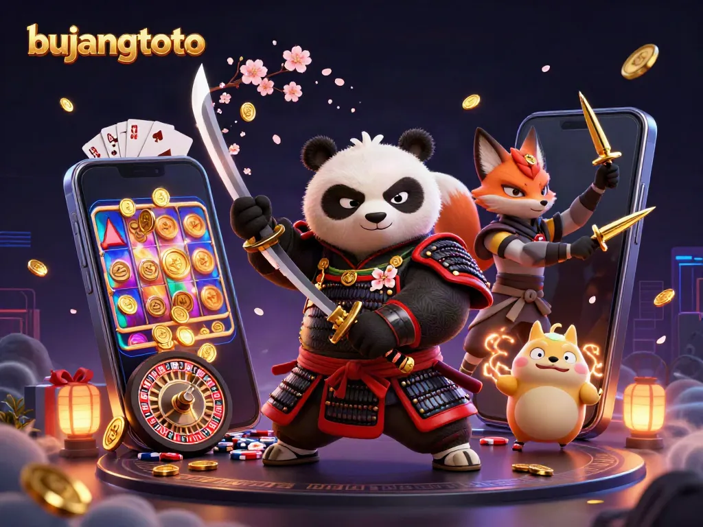 Win big with bujangtoto in this vibrant 3D scene featuring a samurai panda and casino games.