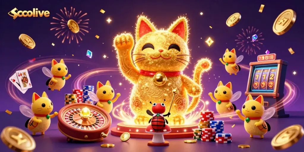 Socolive's vivid 3D golden lucky cat symbolizes casino excitement, blending gaming elements and celebration.