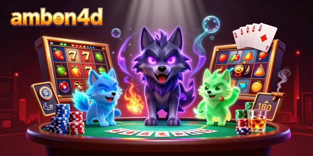 Experience the excitement of ambon4d with a vibrant 3D casino scene featuring spectral wolf characters and classic gambling elements.