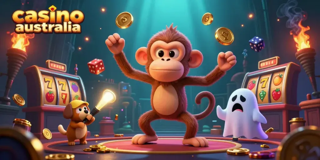 Engaging scene of a poltergeist monkey juggling casino elements amidst a haunted casino atmosphere.