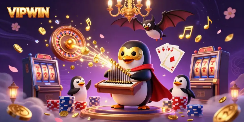 Experience VIPWIN with a lively 3D casino scene, featuring a penguin organist and golden coins falling.