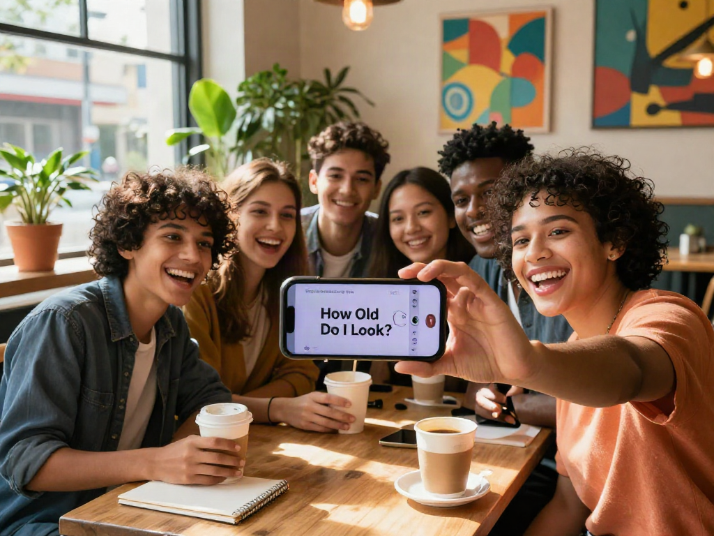 Friends using an AI app to see how old do I look, enjoying a lively café atmosphere.