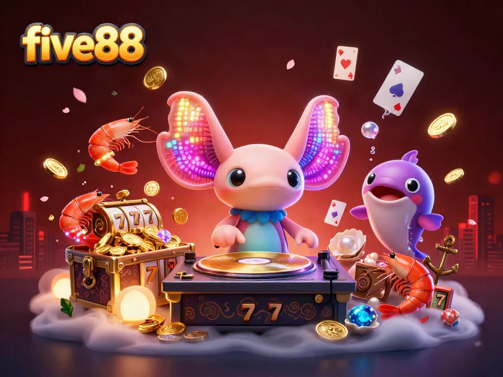 Experience the thrill of five88 with a vibrant underwater casino scene featuring a DJ axolotl and dancing shrimp.