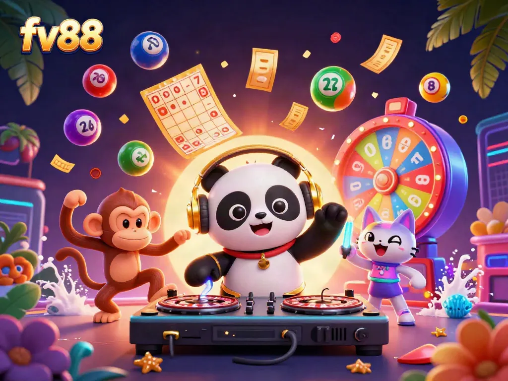 Experience vibrant gameplay at fv88 with a DJ panda, breakdancing monkey, and rave kitten amidst exciting casino elements.