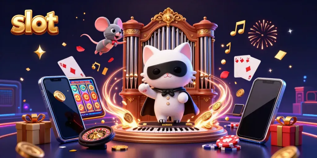 Experience the thrill of slot games with a charming design featuring a phantom cat and mouse acrobat amidst golden coins.