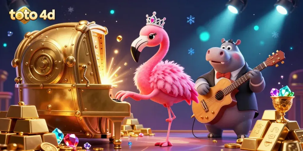 Engage with thrilling Toto 4D action in a vibrant casino scene featuring a flamingo singer and hippo bassist.