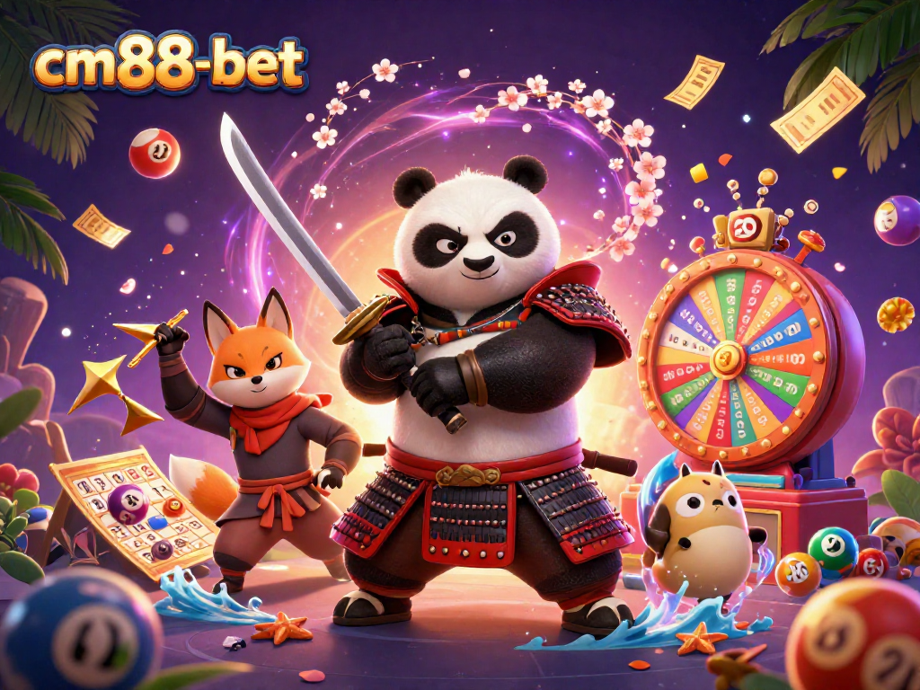 Experience thrilling gameplay at cm88-bet with a magical illustration of samurai panda, ninja fox, and dynamic casino elements.
