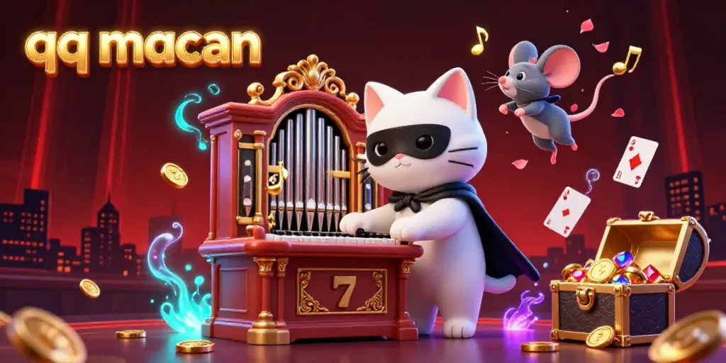Spin the reels and collect riches with qq macan in this vibrant 3D casino illustration.