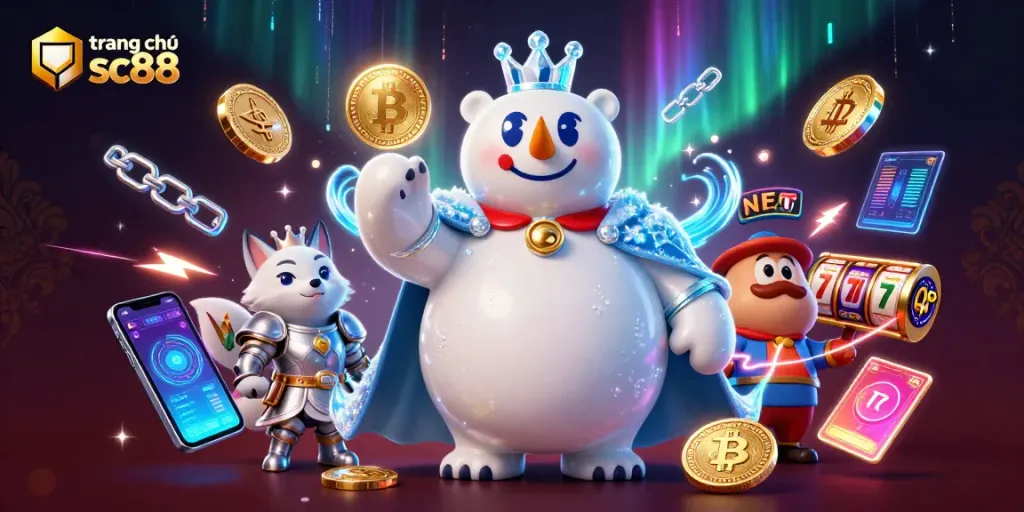 Engage with the dynamic scene showcasing trang chủ sc88 featuring a polar bear and snow fox amidst vibrant casino elements.