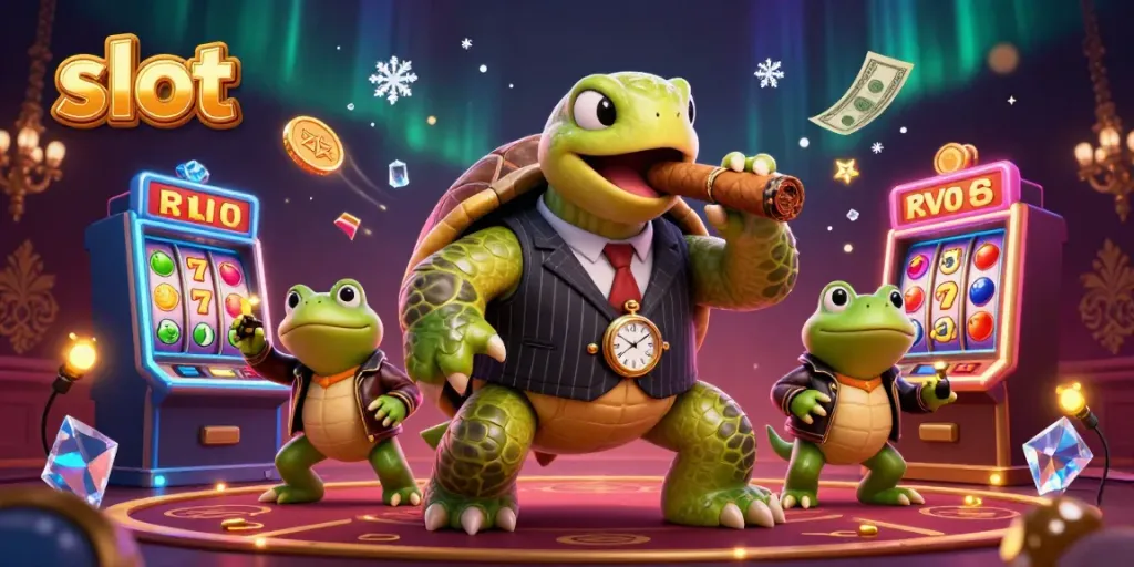 Spin the slot reels with a snapping turtle mobster in this vibrant casino scene.