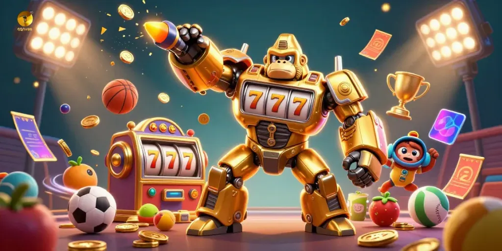 Experience the thrill of qqnusa with a lively illustration of a golden gorilla mech and casino elements.