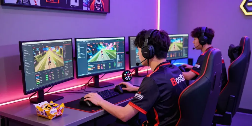 Dynamic Bos88 online gaming scene with player analyzing strategies and statistics.