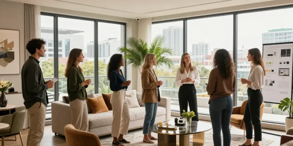 Showcase of a new launch condo where buyers explore stylish living spaces while interacting with a realtor.
