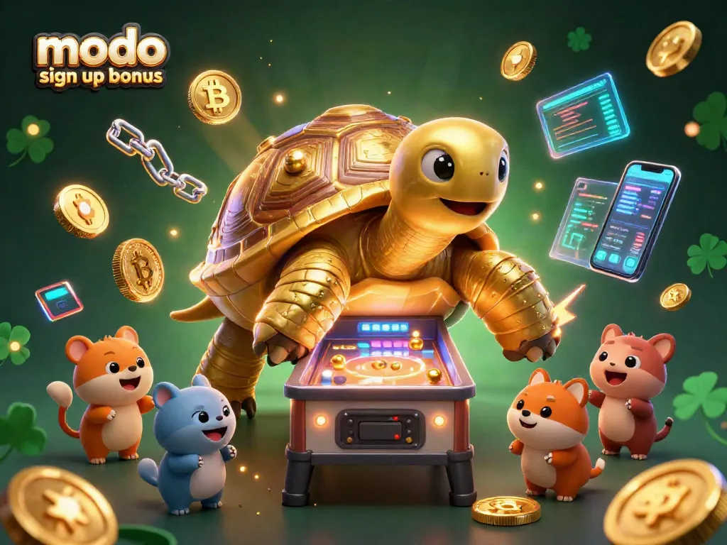 Experience the modo casino sign up bonus with a lively 3D scene featuring a tortoise pinball machine surrounded by vibrant crypto elements.
