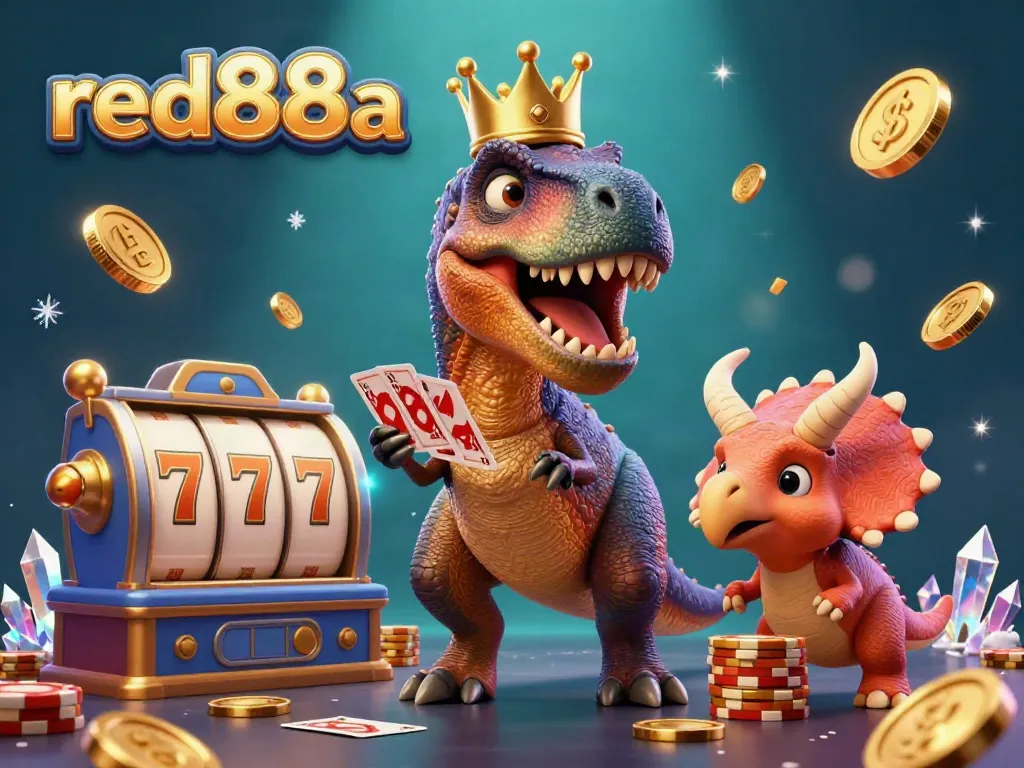 Experience the excitement of red88a with a playful T-Rex, pterodactyl, and triceratops in a vibrant casino scene.