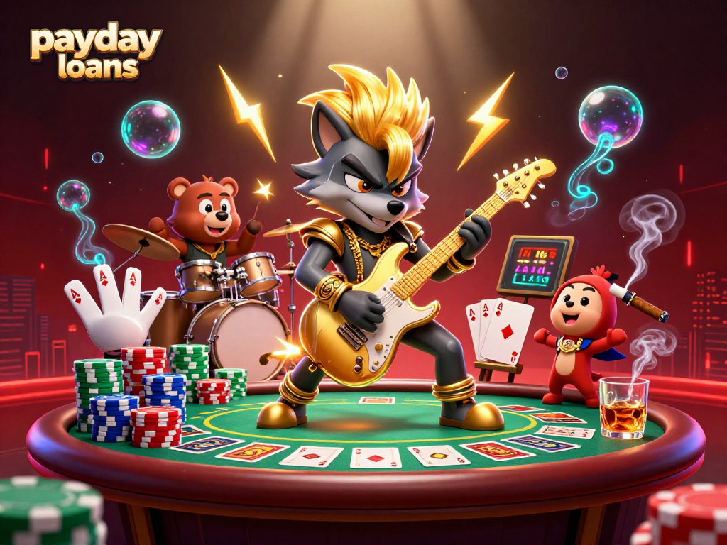 Experience payday loans excitement with a 3D illustration of a rock star wolf playing guitar on a vibrant casino stage.