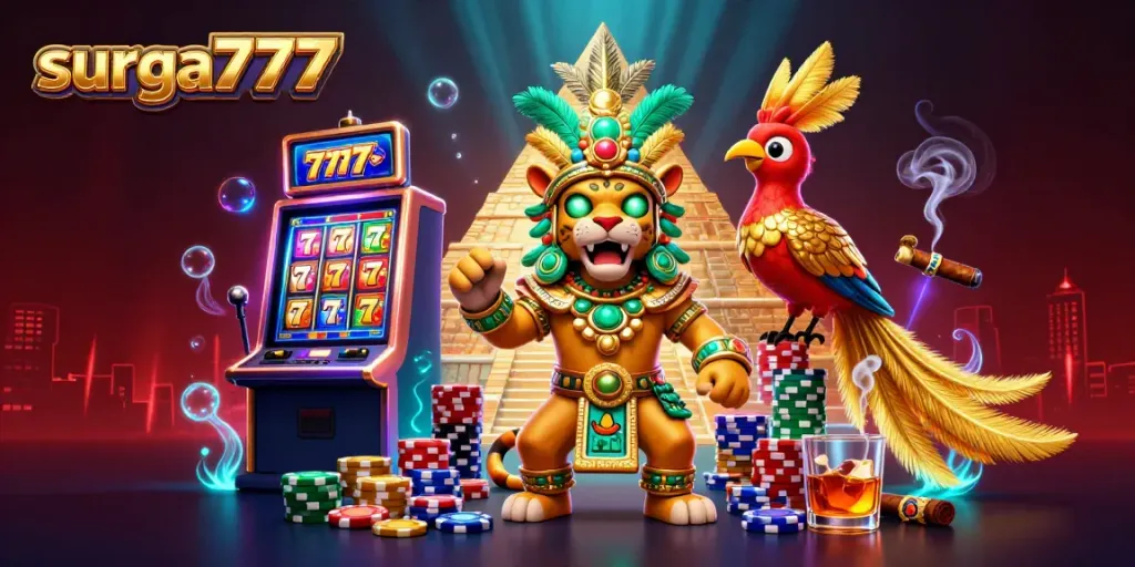 Experience the excitement of surga777 through this vibrant 3D illustration with lucky 7s and dynamic gameplay.