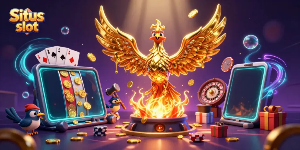 Engage with Situs slot featuring a molten golden phoenix and dynamic casino elements in a vibrant digital scene.